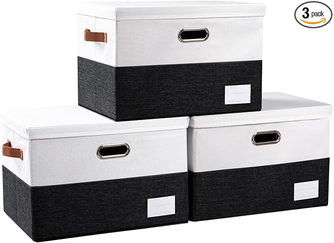 Foldable Storage Bins with Lids [3-Pack] Fabric Collapsible Storage Boxes Baskets Cubes Containers with Handles for Closet Living Room Bedroom (Black & White 17.7x11.8x11.8'') by Prandom