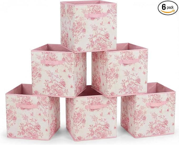 6 Pcs Pink Floral Cube Storage Bins 12.5 Inch Pink Flower Storage Basket with Handle, Preppy Girls Organizer Basket, Collapsible Fabric Box for Classroom Bedrooms Office Home Decoration (Flower) by BBSET
