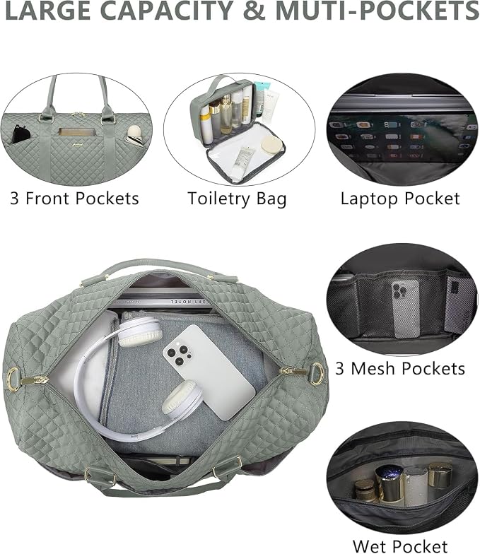 Women Weekender Travel Duffle Bag: Travel Duffel Overnight Bags with Shoe Compartment Large Carry on Tote with Toiletry Bag Weekend Traveling Yoga Gym Hospital Bag for Women with Wet Pocket Green - Image 2