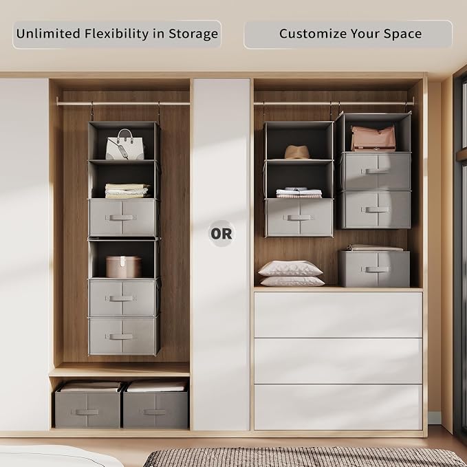 6-Shelf Hanging Closet Organizer with 3 Drawers, Separable, Medium Gray | Converts into Two 3-Shelf Organizers, Foldable Drawers, Side Pockets, Ideal for Wardrobe, Nursery, Dorm & Closet Storage - Image 4