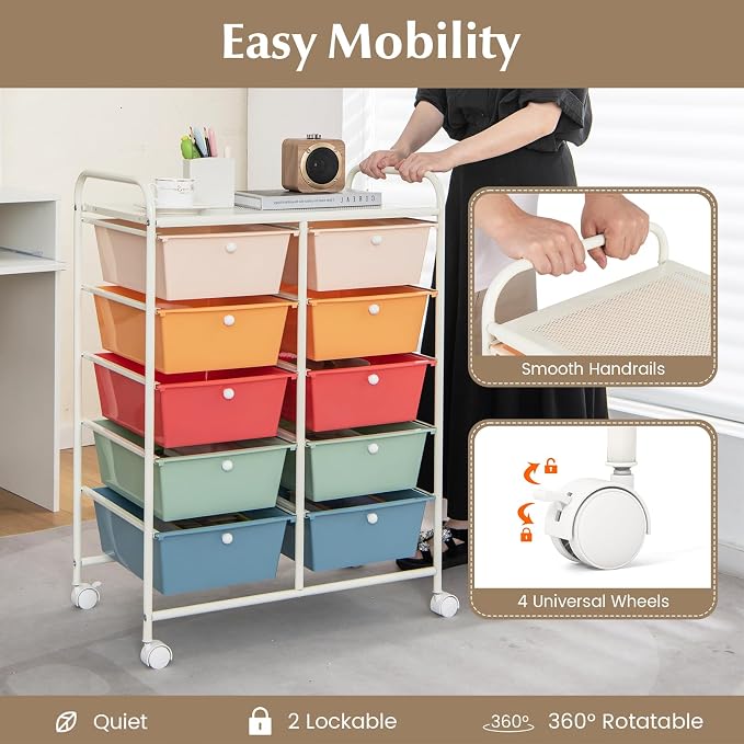 RELAX4LIFE Rolling Storage Cart with 10 Drawers - Craft Storage Cart with Lockable Wheels,Utility Cart, Art Cart Organizer for Crafting Storage, Studio, Office, Home, School Rolling Drawer Cart - Image 4