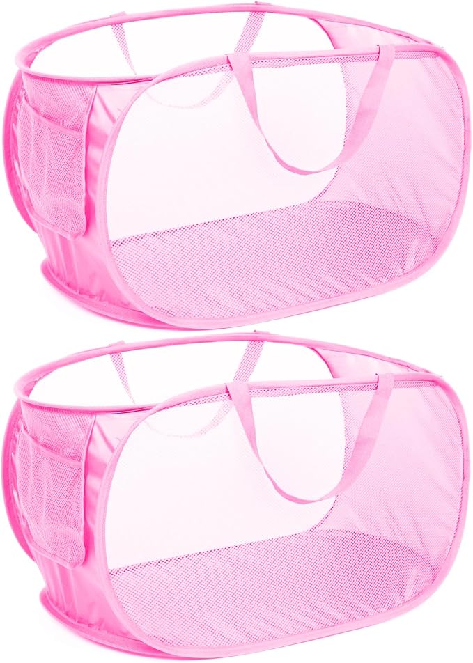 Durable Collapsible Laundry Baskets, Mesh Pop Up Laundry Hamper with Side Pocket, Foldable Clothes Hamper with Reinforced Carry Handles for Laundry, Bathroom, Kids Room, Dorm or Travel 2 Pack Pink by Bemkoo