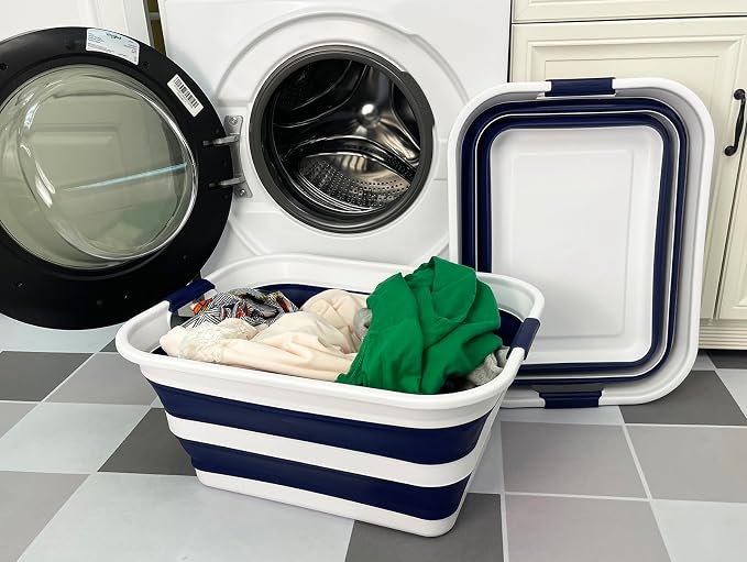 SAMMART Collapsible Plastic Laundry Basket with Handle/Foldable Pop Up Storage Hamper/Portable Laundry Organizer-Space Saving Washing Tub/Household Storage (White/Starry Blue, 42L (Set of 2)) - Image 2