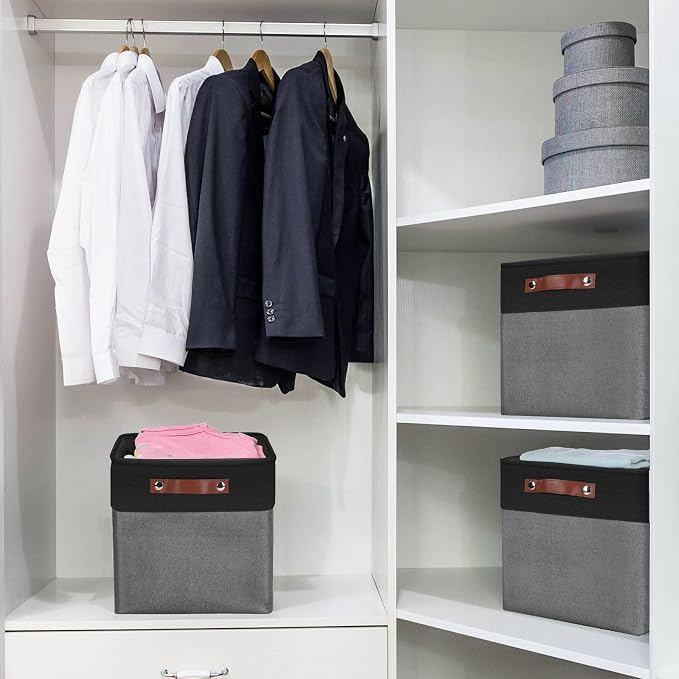 Collapsible Fabric Storage Cubes 11x11 Cube Storage Bins, 4 Pack Closet Baskets Box with Handles for Organizing, Shelf, Toys, Clothes, Home, Office, Nursery (Grey&Black) - Image 2