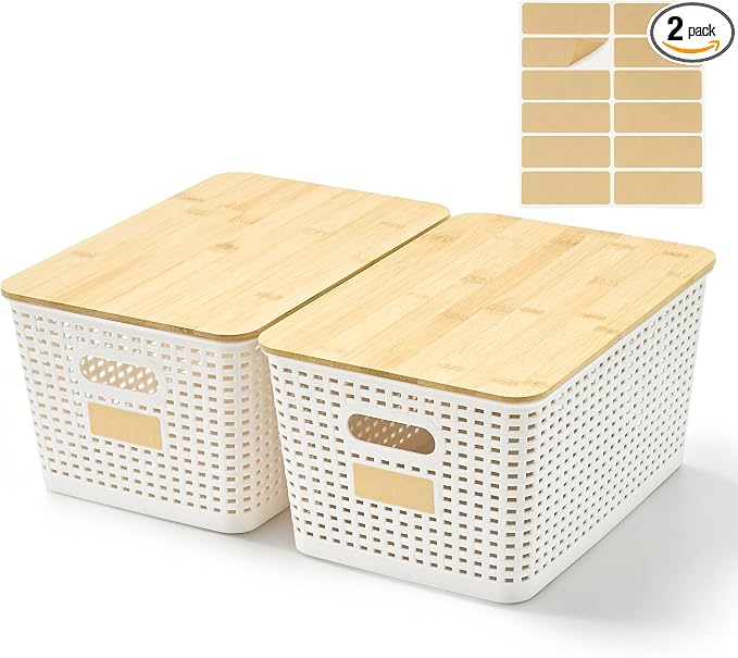 2 Pack Tall Plastic Storage Bins with Bamboo Lids, 10.8qt Stackable Storages Baskets for Organizing Desktop Closet Playroom Classroom Office, 12"L x 8.3"W x 6.1"H, Cream White by Bagnizer