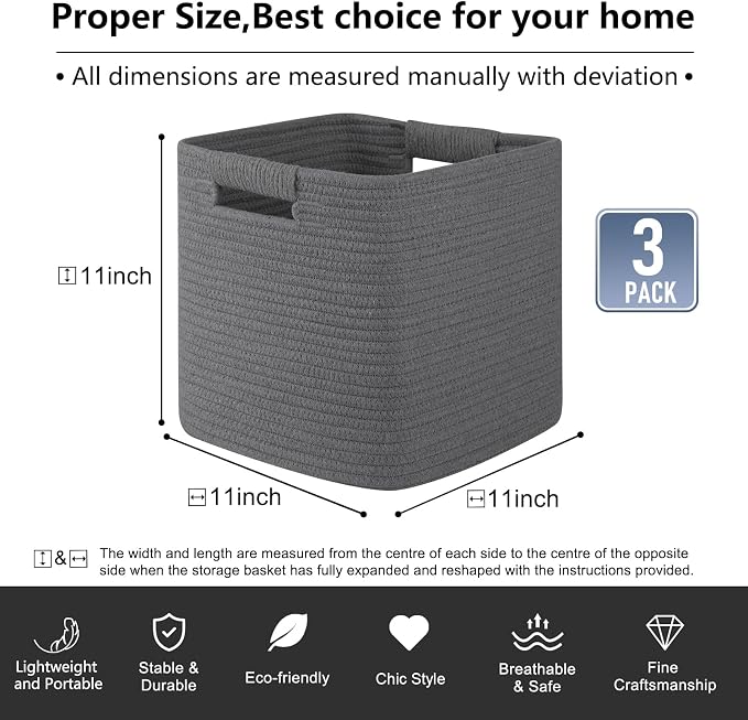 OIAHOMY Storage Cubes 11 Inch Storage Bins-3 Pack, Cotton Rope Woven Baskets for Organizing, Square Baskets for Shelves Organizer, Classroom, Toy Basket, DarK Grey - Image 3