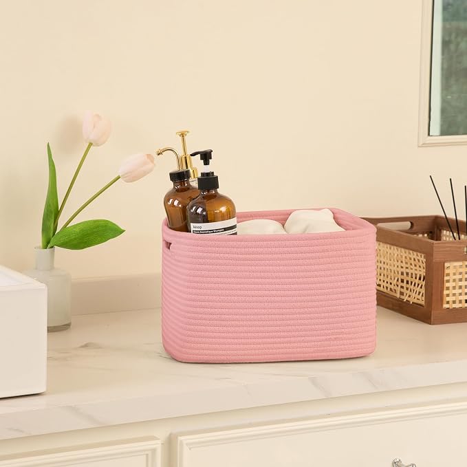 OIAHOMY 4 Pack Storage Baskets for Organizing 15L Cube Storage Bins Pink | Woven Baskets for Storage Rectangle Small Baskets With Handles Baskets for Shelves Wicker Baskets for Shelves 12.7x9x7.8inch - Image 5
