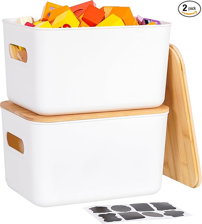 Citylife Storage Bins with Bamboo Lids 7QT Plastic Storage Containers Stackable Organizer Boxes with Handle for Desk Snacks, Toys, 2 PCS, 10" L x 7" W x 5.8" H by CITYLIFEHomeOrganization