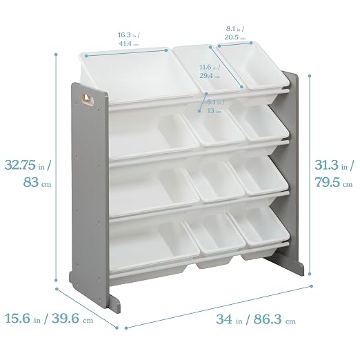 ECR4Kids 4-Tier Organizer with 12 Removable Plastic Bins, 4x3, Toy Storage, Grey/White | Durable plastic bins, MDF panels, steel frame, GREENGUARD Gold Certified, 48 lb capacity, anti-tip kit, playroom/classroom - Image 3