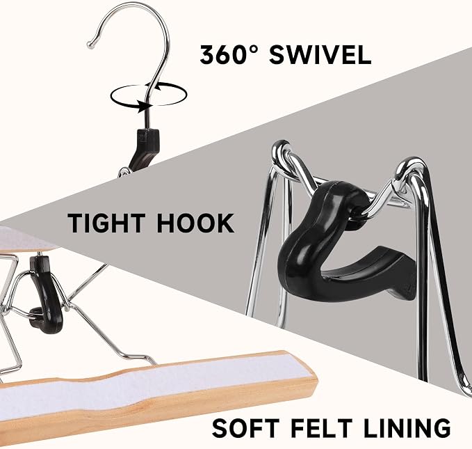 Wooden Non Slip Pants Hangers with Soft Felt Lining, 72-Pack, 12" | Solid Wood Clamp Hangers, 360° Swivel, for Skirts, Jeans, Slacks, Trousers, Shorts - Image 3