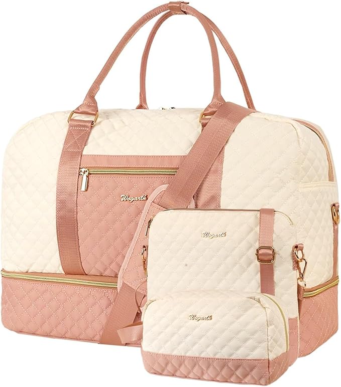 3PCS Weekender Bags for Women Large Overnight Bag, Pink Beige | Weekender Travel Duffel Bags Carry on Shoulder with Shoe Compartment Toiletry Bag Satchel Bag for Travelling Business Gym by Wogarl