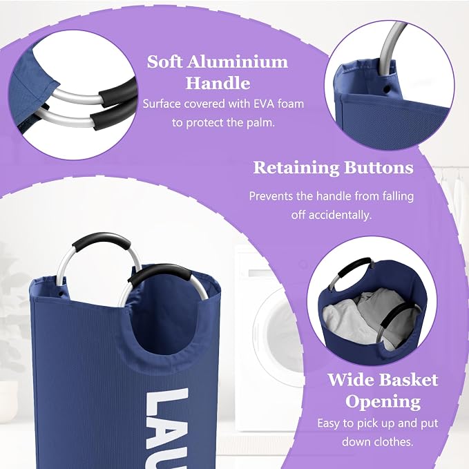 2Pcs Folding Laundry Basket for Adult, 95L Portable Laundry Baskets with Aluminum Handles, Multi-functional Dirty Clothes Hampers for Bedroom, Travel, Navy Blue + Pink - Image 7