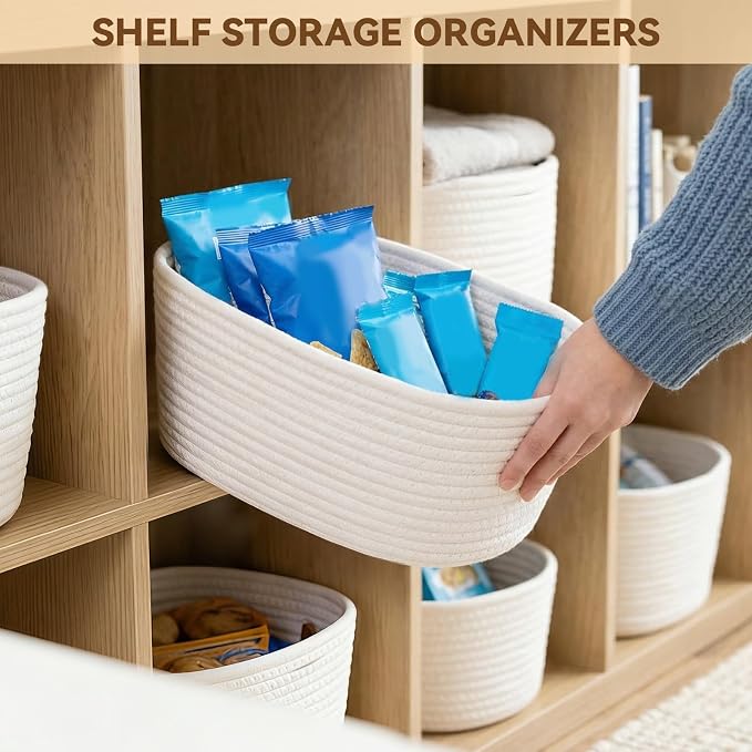 10 Pack Small Woven Baskets for Organizing, 12"x8"x5" White Cotton Rope Storage Bins with Handle, Empty Gift Basket Kit for Baby Shower, Nursery, Shelf, Bathroom & Closet Organizing - Image 6