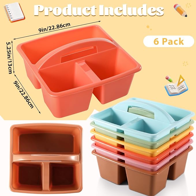 6 Pack 3 Compartment Small Caddy Plastic Classroom Organizer with Handle Portable Teacher Supply Storage Caddy Craft Art Caddies for Pencil, Crayon, Marker, Home, Office, School Supplies(Boho) - Image 2