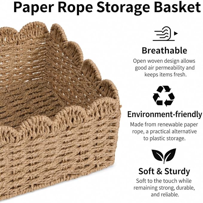 2 Pack Foldable Scalloped Basket, Handwoven Wicker Storage Baskets for Shelves Books Toys Towels, 14" L x 10.5" W x 6" H Natural Paper Rope Rattan Baskets for Organizing Boho Farmhouse Home Decor - Image 4