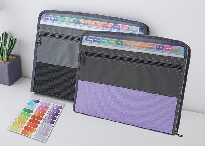NAFY Accordian File Organizer, 13 Pockets Expanding File Folder with Zipper, A4 Letter Size Portable Accordion Expanding File Folders with Multicolor Labels for Office School Supplies (Black+Purple) by Nafy