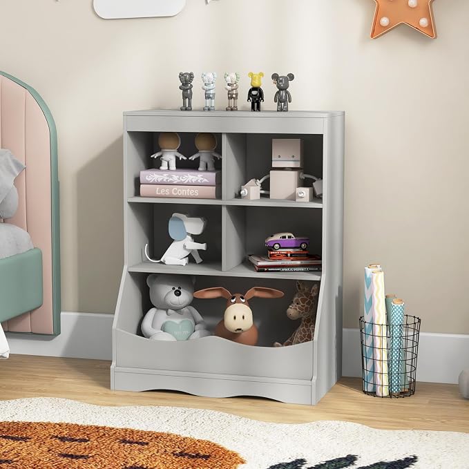 HONEY JOY Kids Toy Storage Organizer with Bookcase, 4-Cubby Organization Storage Cabinet w/Display Shelf, Wooden Toy Storage Unit for Playroom, Nursery Daycare(Gray) - Image 9