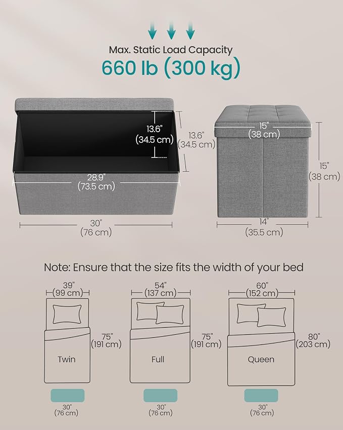 SONGMICS MAZIE Collection - 30 Inches Folding Storage Ottoman Bench, Ottoman Foot Rest, End of Bed Bench, Storage Chest, Load 660 lb, for Living Room, Bedroom, Entryway, Light Gray ULSF47G - Image 3