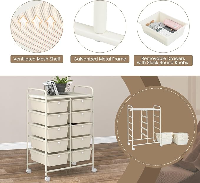 RELAX4LIFE 10 Drawer Storage Cart - Ivory Metal Frame Rolling Art Cart Organizer with Lockable Wheels, Utility Cart for Crafting Storage, Office, Home, School - Image 5