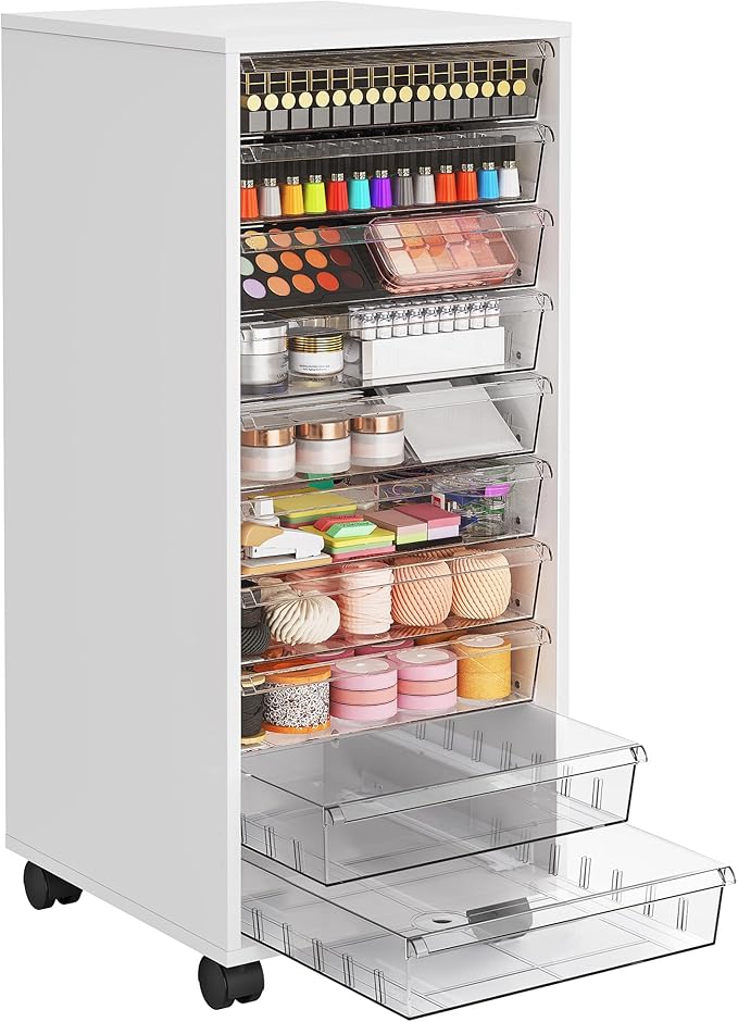 Storage Drawer Cart, Mobile Storage Cabinet, Makeup Storage with 10 Large Clear Drawers, Utility Wooden Rolling Cart on Wheels, for Cosmetic, Art Craft, Office Supplies, Toy, White by WOPITUESOfficial