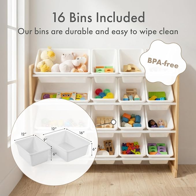 Humble Crew Kids Toy Organizer with 16 Bins, 4 Tier Storage for Playroom | Sturdy wood and steel toddler shelf, removable BPA-free containers, wall anchor anti-tip safety kit for bedroom or classroom - Image 3