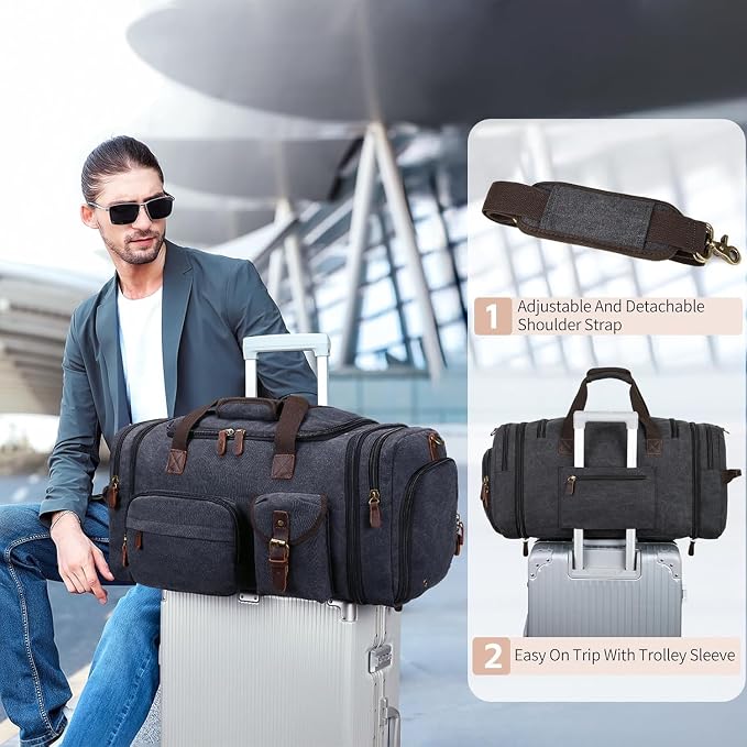 Mens Duffle Bag for Travel, 60L Canvas Expandable Overnight Weekender Bag | Shoe Compartment, Carry-On Size, Multiple Pockets, Detachable Strap, Toiletry Bag & Packing Cube Include, Dark Gray - Image 5