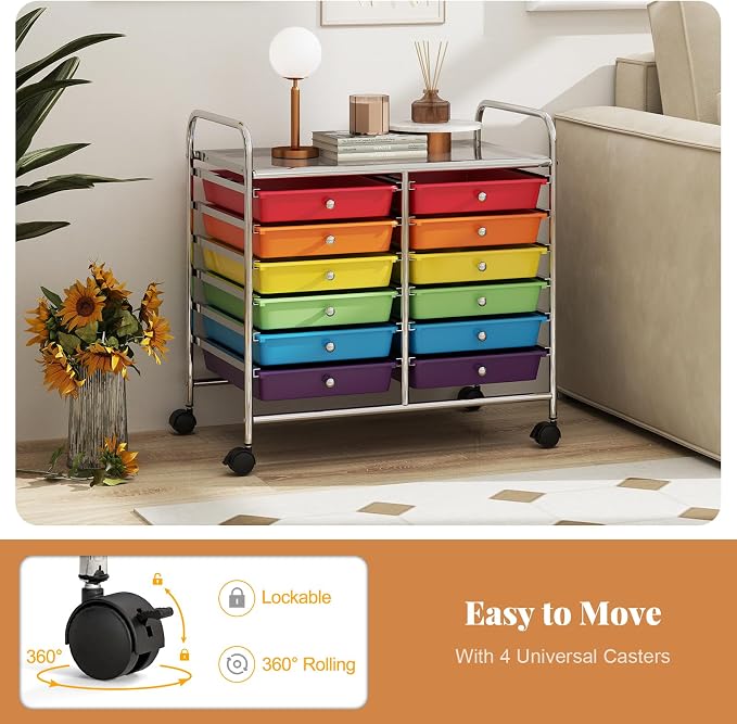 RELAX4LIFE 12-Drawer Rolling Storage Cart Mobile Craft Organizer Colorful | 24.5" Size, 4 Rolling Casters, Metal Frame, For School Teacher Office Salon Art File Supplies - Image 5