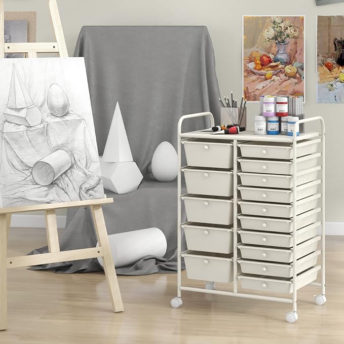 RELAX4LIFE 15-Drawer Storage Drawer Carts - Mobile Rolling Utility Cart w/Wheels, Craft Organizer for Classroom Organization and Storage, School, Office, Home, Storage Organizer Cart (White) - Image 7