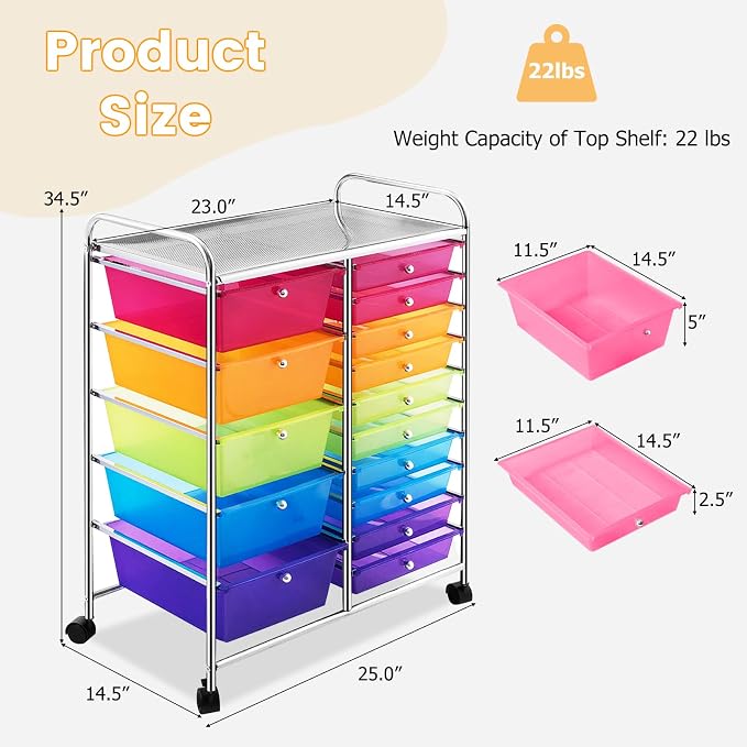 DREAMADE Rolling Cart with 15 Drawers, Utility Cart with Removable Storage Drawers, Lockable Wheels, Art Cart for Home Office Living Room Art Supplies Crafts (Rainbow, 25"L x 14.5"W x 34.5"H) - Image 2