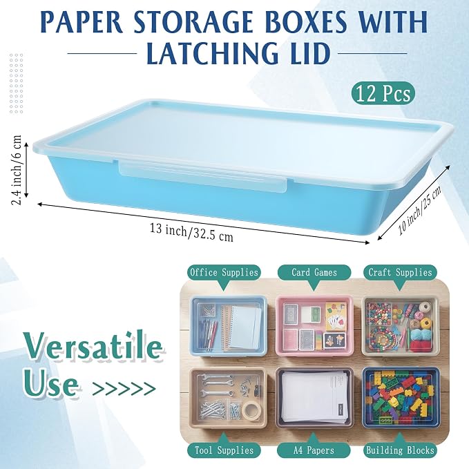 12 Pcs Classroom Paper Storage Bins with Clear Latching Lids Labels, Letter Size Stackable Flat Trays Container Paper Organizer for Teacher Back to School Office Arts Crafts (Morandi,13x10in) - Image 2