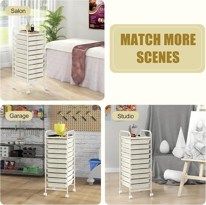 GOFLAME 10-Drawer Rolling Storage Drawer Cart, Utility Cart with Removable Drawers & Metal Frame, Mobile Art Craft Drawer Cart with Lockable Wheels for Home, Office, Studio, School, White - Image 8