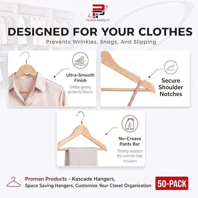 Proman Products Kascade Space Saving Wooden Hangers Clothes Hangers 50 Pack | Hangers with pants bar & shoulder notches feature a cascading design that saves closet space and keeps clothes organized. - Image 6