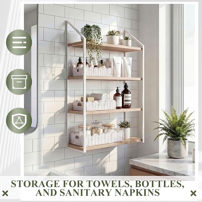 Boao 3 Pcs Boho Storage Wicker Baskets Handmade Woven Decorative Paper Rope Baskets for Organizing with Handle Countertop Toilet Paper Storage Container for Toilet Tank Top (White,Fan-shaped) - Image 7