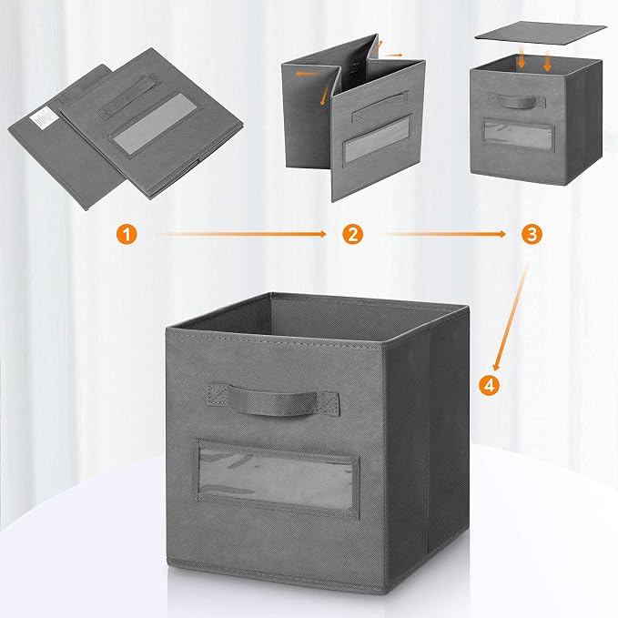 Fabric storage cubes (Set of 8) 11 Inch Cube Storage Bin, cube storage with 8 Labels Window Cards & a Pen, Foldable cube organizer bins, 11x11 storage bin, Cubby Organizer bins, Gray - Image 4