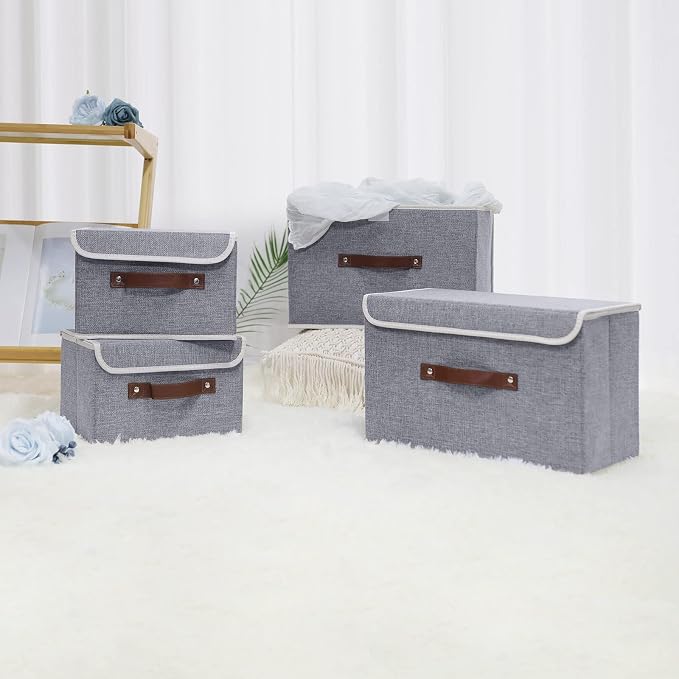 ANMINY Fabric Storage Box Bins with Lids, Gray, 15"x10"x10" | Keepsake Memory Storage, Cotton Linen, PP Board Reinforced, Washable, PU Handles, Foldable & Stackable, Decorative, Large - Image 7