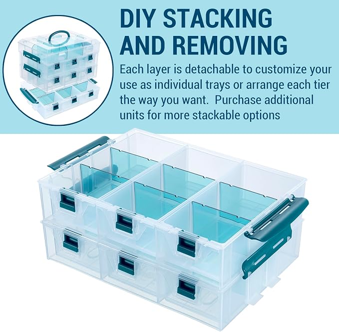 MyGift Single Stackable Tray, Add-on for 11 Inch Clear Arts & Crafts Storage Box with Blue Accents, 9 Compartment Sewing Supplies Organizer 3 Drawers and Removable Dividers - Image 2