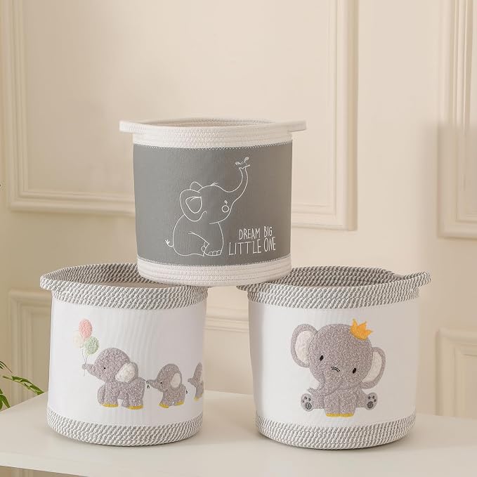 3-Piece Woven Baby Toy Blanket Storage Baskets Laundry Hampers, Elephant Design Foldable Nursery Organizer for Toys Clothes Stuffed Animals, Roomy Sturdy Hamper for Baby Gift Nursery Decor Basket - Image 7