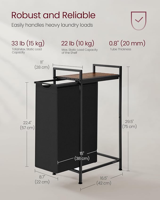 VASAGLE Laundry Hamper, Laundry Basket, Laundry Sorter with a Pull-Out and Removable Bag, Shelf, Metal Frame, 12.4 Gallons (47 L), 16.5 x 11 x 29.5 Inches, Ink Black and Rustic Brown UBLH001B01 - Image 5