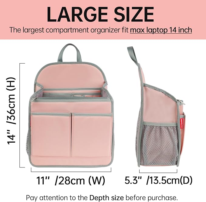 Large Premium Wider Rugged Backpack Organizer Insert for Men Women Work Travel -19 Pockets, Padded Nylon-Pink - Image 5