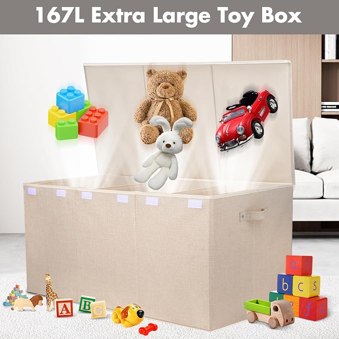 167L Large Toy Box Chest Storage with Lid, Collapsible Kids Toy Storage | Toy Chest with with Removable Divider for Kids, Boys, Girls, Nursery, Living Room, Bedroom, 35.5"x17" x17" (Linen Beige) - Image 2