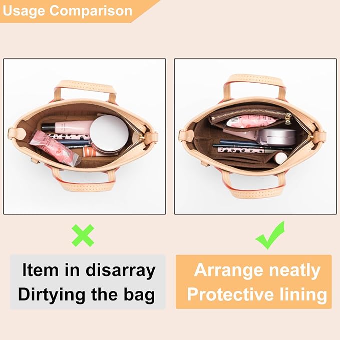 Small Purse Organizer Insert for Handbags, Felt Neverfull BB Organizer Insert,Mini Tote Bag Organizer with Zipper Pocket, Fit Neverfull BB Longchamp Xtra Energy S and More, Brown-XS - Image 4