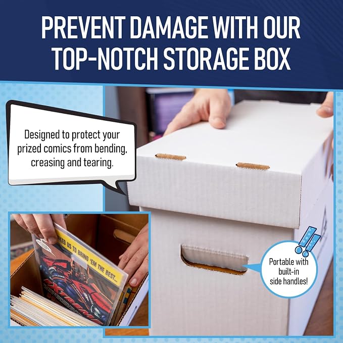 Premium Short Comic Book Storage Box Organizer with Lid | Thick Cardboard Comic Storage Box For Collectibles Fits 150-175 Current/Silver Age, Heavy Duty & Stackable. - Image 6