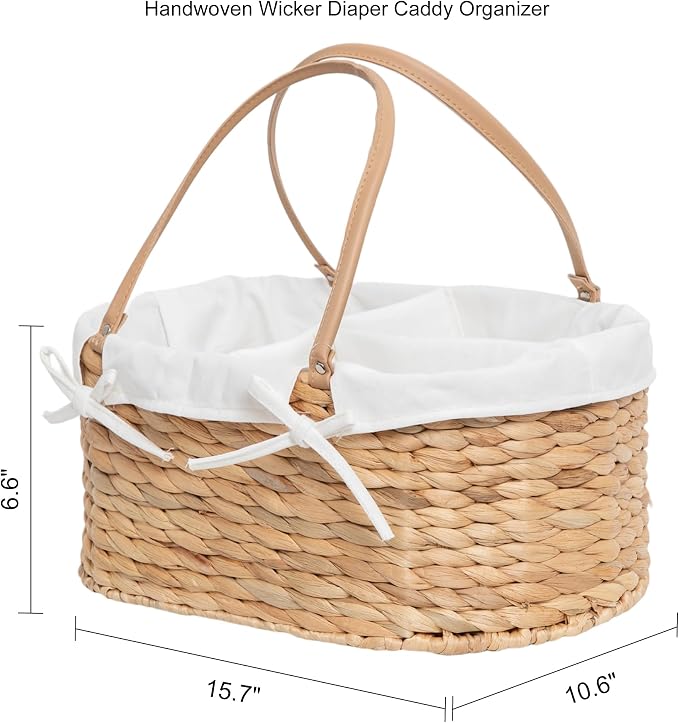 Water Hyacinth Diaper Caddy,Woven Baby Organizer for Nursery | Wicker diaper caddy with PU Handles& Detachable Lining for Newborn Bath, clothes,Cute Registry Must Have for Baby Gifts - Image 6