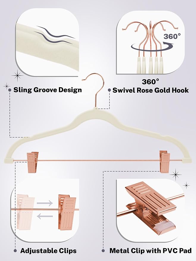 HOUSE DAY Pants Hangers with Clips 24 Pack, with Rose Gold Hook and Clips | Ivory | Non Slip Velvet Flocked | 0.2" Thin | Swivel Hook | Space Saving | Rubber Padded Clip| For Pants, Skirt, Shorts, Coat - Image 3