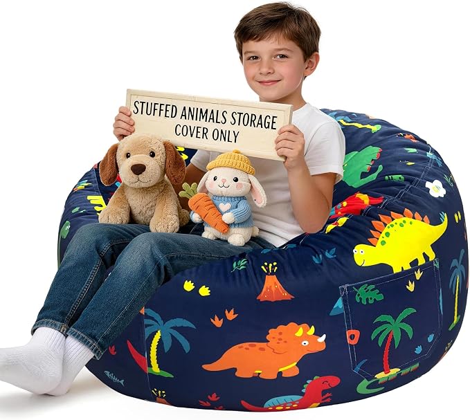 Lukeight Dinosaur Stuffed Animal Storage Bean Bag Chair Cover for Kids, Velvet Plush Toy Organizer Seat, Cover Only, No Filling Included, Long YKK Zipper, Side Pocket, X-Large 30"D x 18"H by Lukeight