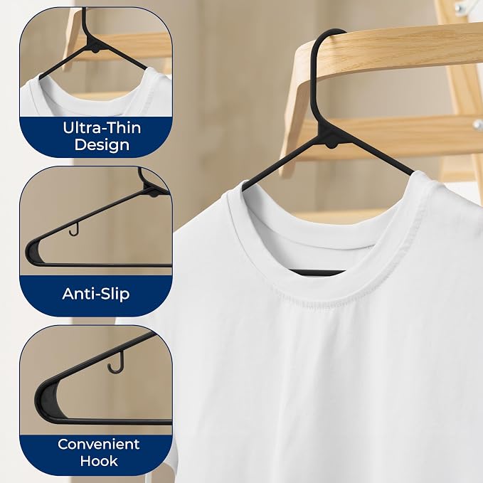 SereneLife 100-Pack Black Plastic Hangers – Ultra Lightweight Non-Slip Slim Clothes Hanger Set for Shirts, Pants, Coats & Dresses – Heavy Duty Space Saving Closet Organizer - Image 5