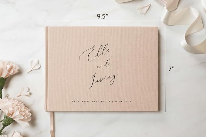 Personalized Linen Guest Book (Design 4) - 9 x 7.5 Hardcover Custom Wedding Guestbook Bride Groom Name Date Location Venue, Reception Ceremony Engagement Party Keepsake Signing Book w/ 120 Blank Pages - Image 2