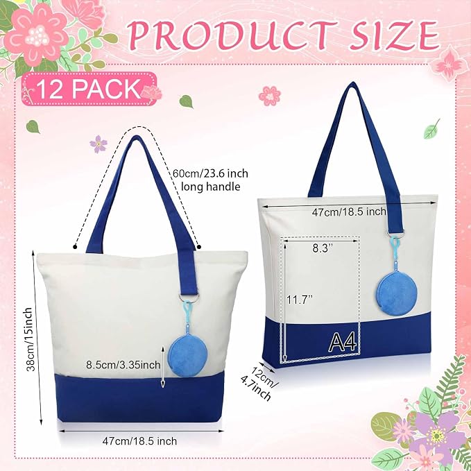 Sanwuta Canvas Tote Bags Bulk with Zipper and Plush Coin Purses 18.5" Reusable Cotton Shopping Bags with Handle for DIY Craft - Image 3