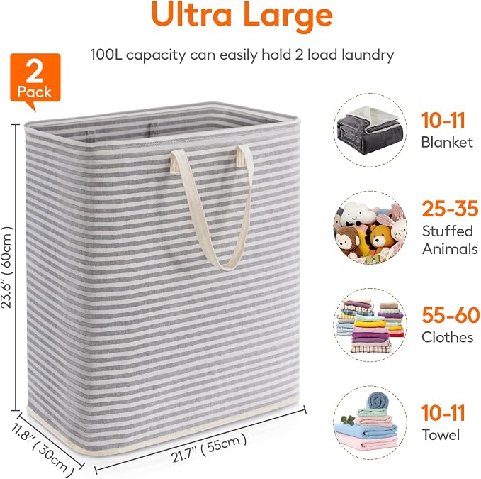 Lifewit 2 Pack Laundry Basket 100L Each, Collapsible Clothes Hamper with Reinforced Handles, Freestanding Waterproof Design for Bedroom and Laundry Room, Grey 200L Total - Image 4