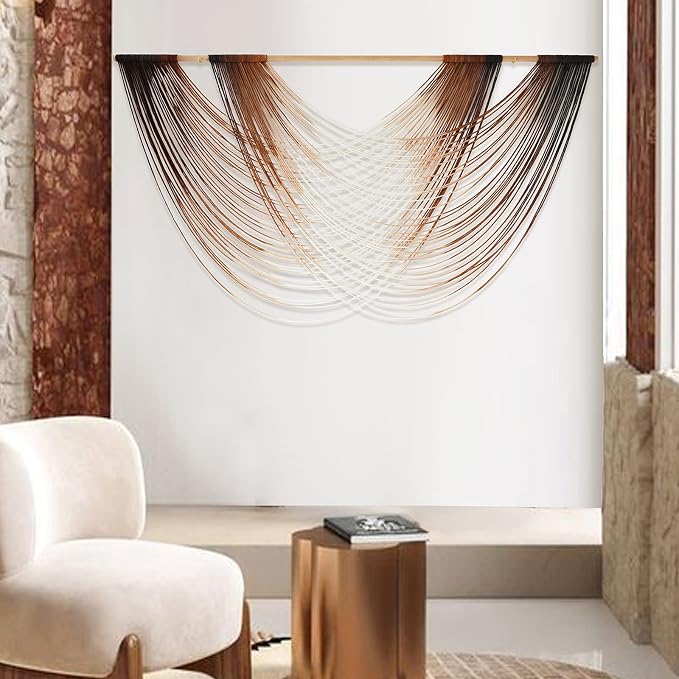 Macrame Wall Hanging Brown Dip Dyed Boho Fiber Art Decor 57"W*35"L | Warm Brown Gradient Design, for Living Room Bedroom Headboard Accent, Handwoven Yarn Texture, Boho Fiber Art - Image 3